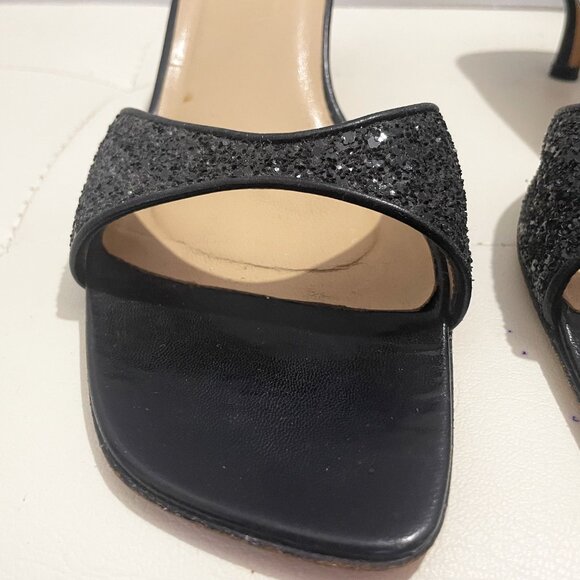 Vintage Isaac Mizrahi Black Open-Toe Mules Heels with Glitter Detail | Size 10B - Picture 10 of 14